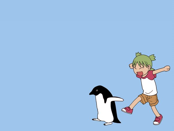 Anime picture 1600x1200 with yotsubato koiwai yotsuba blue background animal bird (birds) penguin