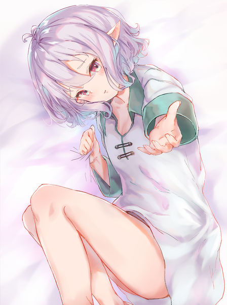 Anime picture 1240x1662 with princess connect! re:dive princess connect! kokkoro (princess connect!) shin murasame single tall image looking at viewer blush fringe short hair light erotic hair between eyes purple eyes silver hair full body ahoge bent knee (knees) lying from above pointy ears