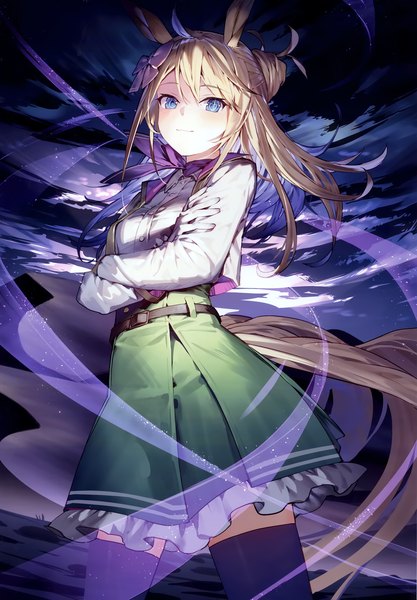Anime picture 2409x3465 with original kitada mo single long hair tall image looking at viewer fringe highres blue eyes blonde hair standing animal ears ahoge tail animal tail multicolored hair wind hair bun (hair buns) crossed arms colored inner hair
