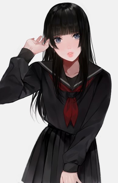 Anime picture 1301x2015 with original mikuro (396) single long hair tall image looking at viewer fringe black hair simple background standing payot blunt bangs parted lips pleated skirt grey background grey eyes adjusting hair hime cut girl skirt