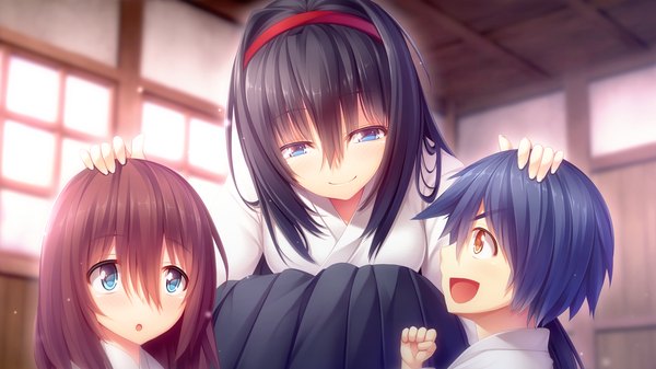 Anime picture 1280x720 with gleam garden no shoujo izumi sakurako char long hair short hair blue eyes black hair smile brown hair wide image multiple girls blue hair game cg orange eyes girl boy 2 girls hairband child (children)