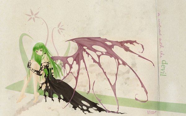Anime picture 1920x1200 with code geass sunrise (studio) c.c. single long hair looking at viewer fringe highres wide image yellow eyes barefoot green hair demon wings girl wings