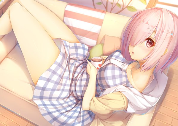 Anime picture 2122x1500 with fate (series) fate/grand order mash kyrielight if (asita) single looking at viewer fringe highres short hair open mouth holding pink hair bent knee (knees) pink eyes from above hair over one eye bare legs plaid unbuttoned girl