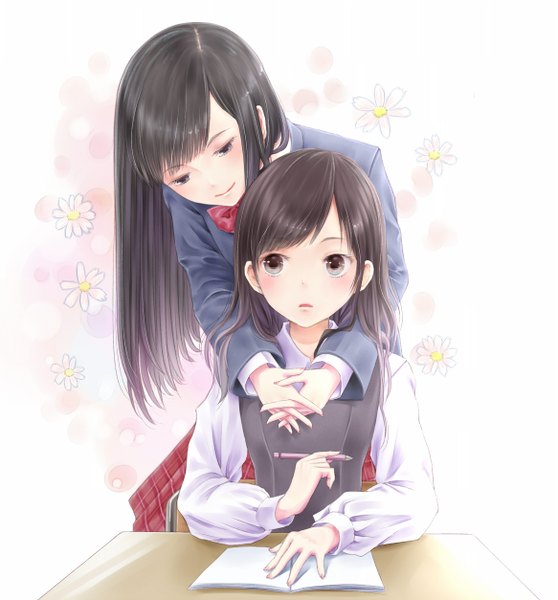 Anime picture 1165x1254 with original kouzuki yui long hair tall image black hair multiple girls black eyes hug shoujo ai girl uniform flower (flowers) 2 girls school uniform
