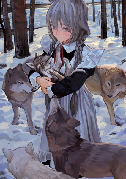 Anime picture 1000x1415 with original feiqizi (fkey) fkey single long hair tall image looking at viewer blush fringe hair between eyes red eyes standing holding animal ears outdoors braid (braids) grey hair maid twin braids winter
