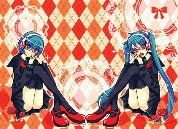 Anime picture 1655x1200 with vocaloid hatsune miku long hair short hair open mouth smile sitting twintails multiple girls aqua eyes aqua hair legs dual persona girl thighhighs skirt uniform black thighhighs 2 girls school uniform