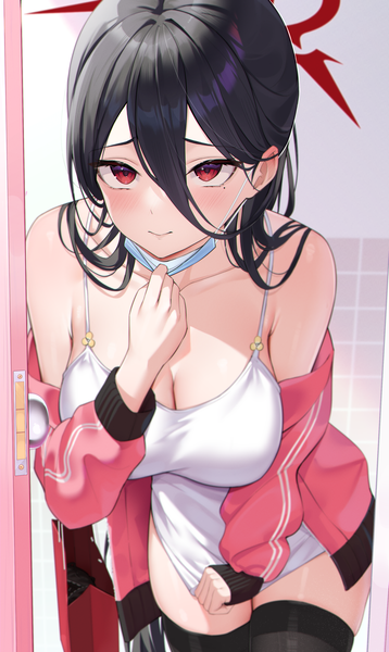 Anime picture 2091x3500 with blue archive hasumi (blue archive) rosumerii single long hair tall image blush fringe highres breasts light erotic black hair smile hair between eyes red eyes large breasts standing looking away cleavage long sleeves