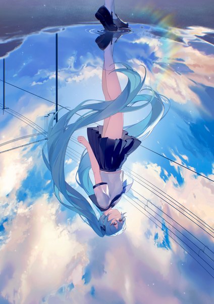 Anime picture 3535x5000 with vocaloid hatsune miku kanvien single tall image fringe highres hair between eyes twintails absurdres sky cloud (clouds) outdoors very long hair aqua eyes aqua hair reflection girl uniform socks