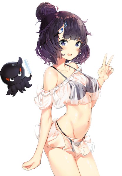 Anime picture 1350x1950 with fate (series) fate/grand order katsushika hokusai (fate/grand order) tokitarou (fate/grand order) silver (chenwen) single tall image looking at viewer blush fringe short hair breasts open mouth light erotic simple background smile standing white background purple eyes bare shoulders