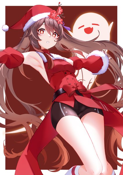 Anime picture 1447x2046 with genshin impact hu tao (genshin impact) boo tao (genshin impact) tyenka7728 single tall image fringe simple background hair between eyes red eyes brown hair twintails very long hair armpit (armpits) border symbol-shaped pupils spread arms outside border ghost girl