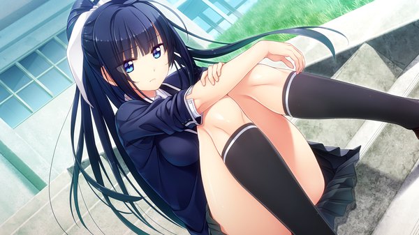 Anime picture 1280x720 with omokage tachibana gekka single long hair fringe blue eyes light erotic black hair wide image sitting game cg ponytail blunt bangs pleated skirt girl skirt uniform ribbon (ribbons) hair ribbon school uniform