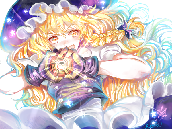 Anime picture 1600x1200 with touhou kirisame marisa rosette (roze-ko) single long hair looking at viewer blush fringe open mouth blonde hair signed braid (braids) orange eyes magic side braid yin yang girl gloves hat black gloves