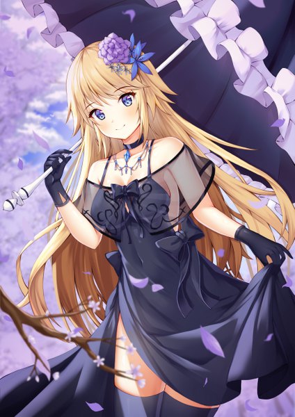 Anime-Bild 3500x4950 mit fate (series) fate/grand order jeanne d'arc (fate) (all) jeanne d'arc (formal dress) (fate) kotomaru (sirouko9511) single long hair tall image looking at viewer blush fringe highres breasts blue eyes blonde hair smile standing bare shoulders holding payot