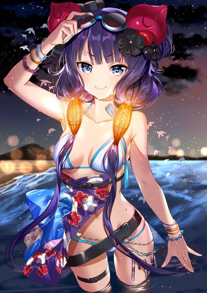 Anime picture 2121x3000 with fate (series) fate/grand order katsushika hokusai (fate/grand order) katsushika hokusai (swimsuit saber) (fate) murakami yuichi single tall image looking at viewer highres breasts blue eyes light erotic smile twintails purple hair very long hair night beach partially submerged low twintails