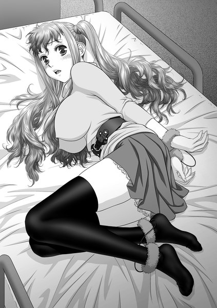 Anime picture 847x1200 with original toshiki yui single long hair tall image blush breasts open mouth light erotic twintails grey hair grey eyes monochrome wavy hair girl thighhighs skirt black thighhighs bed handcuffs