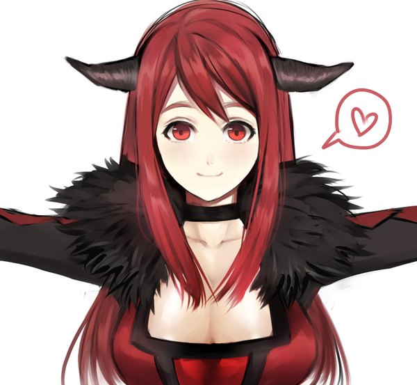Anime picture 1625x1500 with maoyuu maou yuusha arms corporation maou (maoyuu) nohnon single long hair looking at viewer red eyes white background red hair horn (horns) girl dress fur