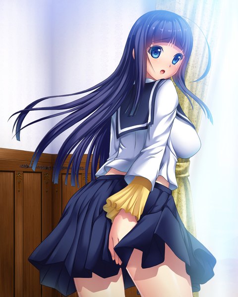 Anime picture 640x800 with original aocchi single long hair tall image looking at viewer open mouth blue eyes light erotic black hair girl skirt uniform serafuku