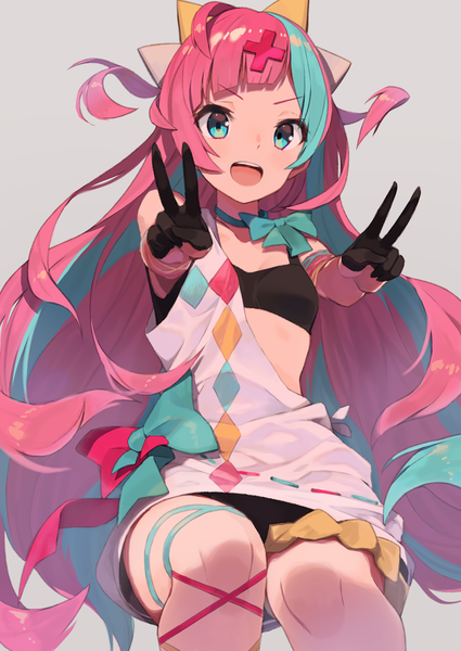 Anime picture 907x1280 with virtual youtuber the moon studio pinky pop hepburn tomioka jirou single long hair tall image looking at viewer fringe open mouth light erotic simple background pink hair :d multicolored hair aqua eyes aqua hair grey background two-tone hair two side up