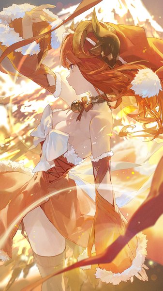 Anime picture 2000x3556 with genshin impact nilou (genshin impact) modare single long hair tall image highres blue eyes light erotic looking away red hair profile arm up horn (horns) girl thighhighs dress bow black thighhighs hat