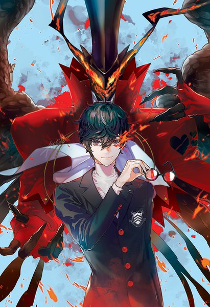 Anime picture 850x1240 with persona 5 persona amamiya ren arsene (persona 5) yooani tall image looking at viewer fringe short hair black hair hair between eyes holding upper body ahoge arm up light smile black eyes smoke demon eyewear removed