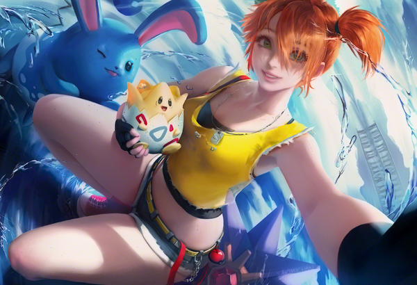 Anime picture 1500x1026 with pokemon nintendo misty (pokemon) togepi azumarill starmie sakimichan single looking at viewer blush fringe short hair smile holding green eyes parted lips lips hair over one eye orange hair realistic