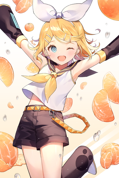 Anime picture 1205x1795 with vocaloid kagamine rin azit (down) single tall image looking at viewer blush short hair open mouth blue eyes blonde hair signed one eye closed spread arms ;d jumping girl bow hair bow detached sleeves