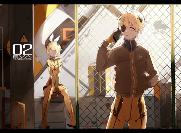 Anime picture 1100x811 with neon genesis evangelion vocaloid gainax kagamine rin kagamine len nine (liuyuhao1992) fringe short hair blonde hair standing sitting yellow eyes looking away hair over one eye hand in pocket cosplay girl boy ribbon (ribbons) hair ribbon