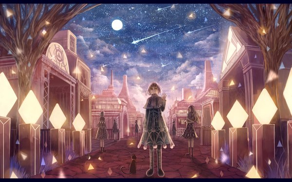 Anime picture 1920x1200 with original bounin long hair highres short hair smile standing multiple girls pink hair sky black eyes night night sky city glowing letterboxed street waving ambiguous gender girl