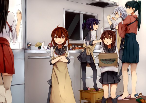 Anime picture 2047x1447 with kantai collection hibiki destroyer akatsuki destroyer inazuma destroyer akagi aircraft carrier ikazuchi destroyer fairy (kantai collection) houshou light aircraft carrier kyouya (mukuro238) long hair looking at viewer blush highres short hair open mouth blue eyes black hair smile brown hair sitting