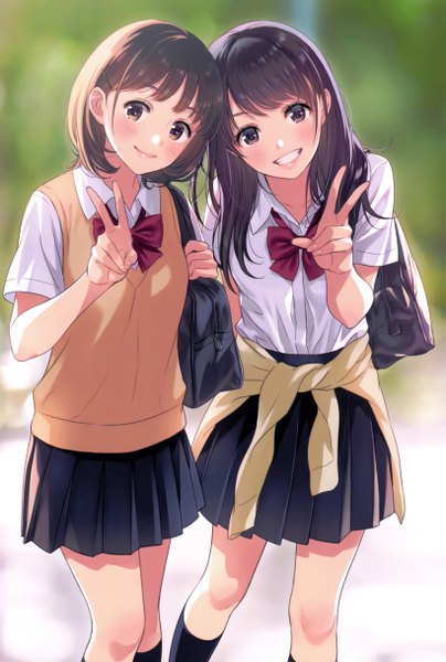 Anime picture 3277x4863 with original morikura en long hair tall image looking at viewer blush fringe highres short hair open mouth black hair smile brown hair standing multiple girls holding brown eyes absurdres outdoors head tilt