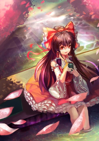 Anime picture 2079x2953 with touhou hakurei reimu sl- single long hair tall image highres open mouth red eyes brown hair sitting traditional clothes miko girl skirt bow hair bow detached sleeves petals water