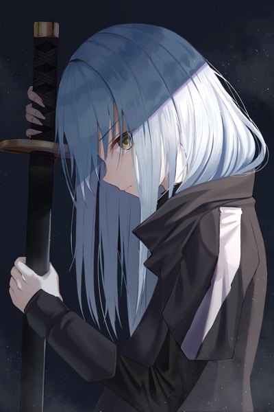 Anime picture 2382x3573 with tensei shitara slime datta ken 8bit rimuru tempest junkt729 single long hair tall image looking at viewer fringe highres hair between eyes holding yellow eyes silver hair upper body head tilt profile arm up fingernails shadow