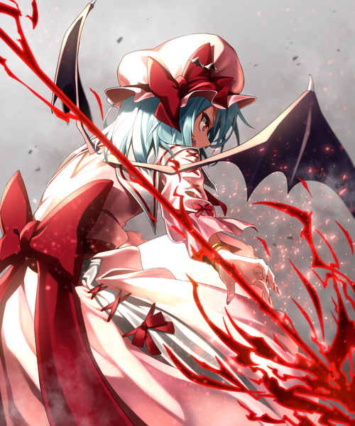 Anime picture 1250x1500 with touhou remilia scarlet greenkohgen single tall image short hair simple background red eyes blue hair looking away profile grey background bat wings girl dress bow hat wings bonnet large bow