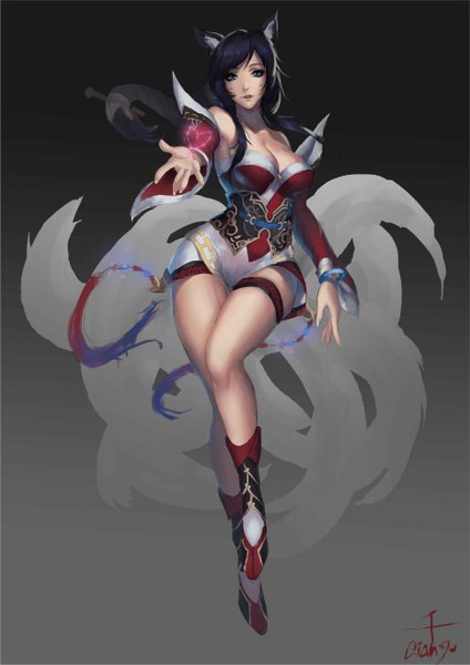 Anime picture 3720x5260 with league of legends ahri (league of legends) cian yo single long hair tall image looking at viewer highres breasts blue eyes light erotic bare shoulders animal ears absurdres purple hair tail realistic legs outstretched arm fox girl