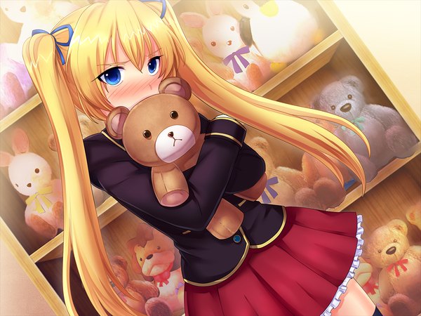 Anime picture 1024x768 with shukusai no utahime tagme (character) single long hair looking at viewer blush blue eyes blonde hair standing holding game cg indoors pleated skirt dutch angle embarrassed hug covered mouth frilly skirt girl skirt