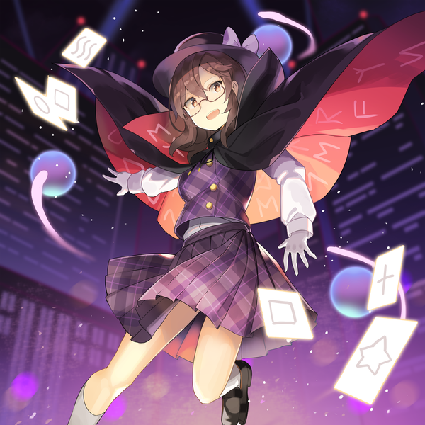 Anime picture 5000x5000 with touhou usami sumireko rin falcon single fringe highres short hair hair between eyes brown hair brown eyes absurdres pleated skirt from below plaid skirt girl skirt hat miniskirt glasses cape