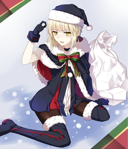 Anime picture 805x939 with fate (series) fate/grand order type-moon artoria pendragon (all) santa alter tsuedzu single tall image blush fringe short hair blonde hair sitting holding yellow eyes looking away parted lips alternate costume fur trim wariza