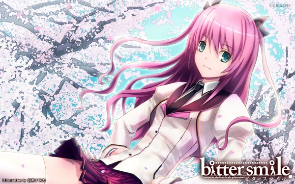 Anime picture 1680x1050 with bitter smile. todoroki sakurako wide image green eyes pink hair cherry blossoms girl serafuku