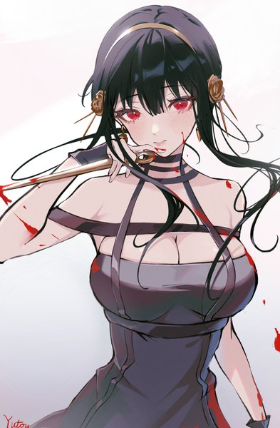 Anime picture 3358x5130 with spy x family yor briar yutou (yutou75) single long hair tall image fringe highres breasts light erotic black hair simple background hair between eyes red eyes large breasts signed absurdres cleavage upper body blood on face