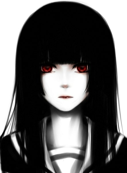 Anime picture 768x1039 with hell girl studio deen enma ai baekerror single long hair tall image looking at viewer fringe red eyes white background monochrome portrait spot color girl uniform serafuku