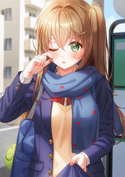 Anime-Bild 870x1230 mit original unjem single long hair tall image looking at viewer blush fringe open mouth hair between eyes brown hair standing green eyes outdoors long sleeves one eye closed blurry open clothes :o depth of field