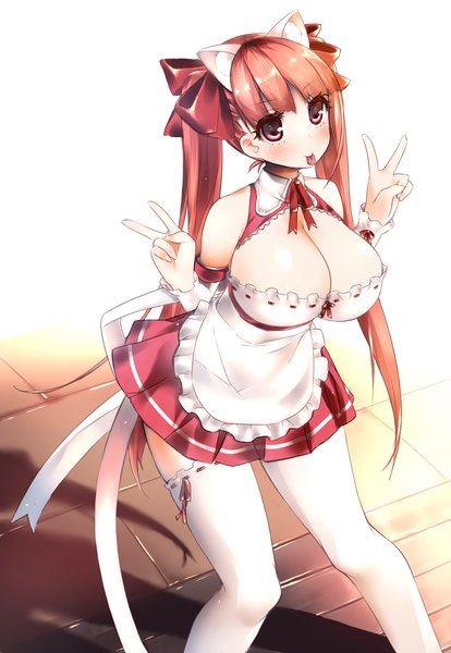 Anime picture 1656x2400 with original huatu jiang single long hair tall image blush breasts light erotic brown hair large breasts twintails brown eyes waitress girl thighhighs bow hair bow white thighhighs tongue
