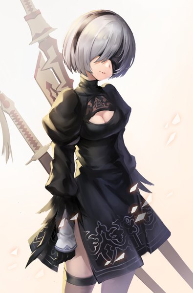 Anime picture 655x995 with nier nier:automata yorha no. 2 type b gustav cho single tall image short hair simple background standing cleavage grey hair side slit cleavage cutout blindfold girl dress gloves weapon black gloves black dress