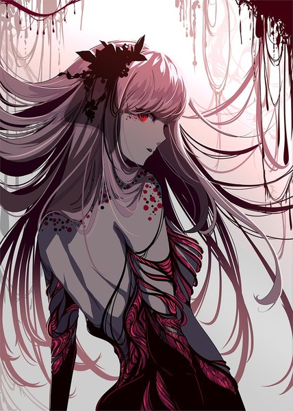 Anime-Bild 1000x1401 mit original berryverrine single long hair tall image looking at viewer fringe breasts open mouth light erotic red eyes blunt bangs profile looking back multicolored hair grey hair from behind two-tone hair facial mark colored inner hair