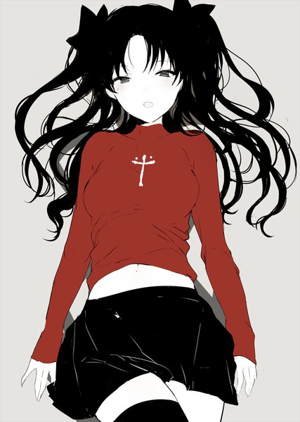 Anime picture 700x984 with fate (series) fate/stay night toosaka rin lpip single long hair tall image looking at viewer fringe breasts open mouth black hair simple background brown eyes long sleeves grey background bare belly :o from below zettai ryouiki