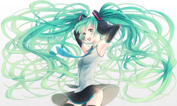 Anime picture 1250x750 with vocaloid hatsune miku maico (a218) long hair open mouth wide image white background twintails green eyes very long hair aqua hair happy girl skirt detached sleeves miniskirt necktie