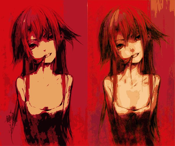Anime picture 1600x1335 with saya no uta nitroplus saya (saya no uta) redjuice long hair looking at viewer fringe open mouth simple background red eyes bare shoulders red hair multiview red background hair in mouth girl dress white dress