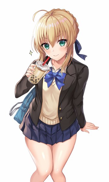 Anime picture 1000x1660 with fate (series) fate/stay night artoria pendragon (all) saber harimoji single tall image blush fringe short hair breasts simple background blonde hair smile hair between eyes white background sitting holding green eyes ahoge