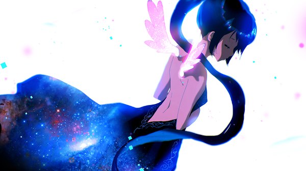 Anime picture 2560x1440 with original tom skender single long hair highres black hair wide image bare shoulders payot blue hair ponytail eyes closed profile from behind floating hair gradient hair bare back starry sky print space print girl