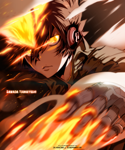 Anime picture 1200x1432 with katekyou hitman reborn sawada tsunayoshi silvercore94 single tall image short hair brown hair yellow eyes inscription coloring magic glowing smoke glowing eye (eyes) boy gloves headphones fire